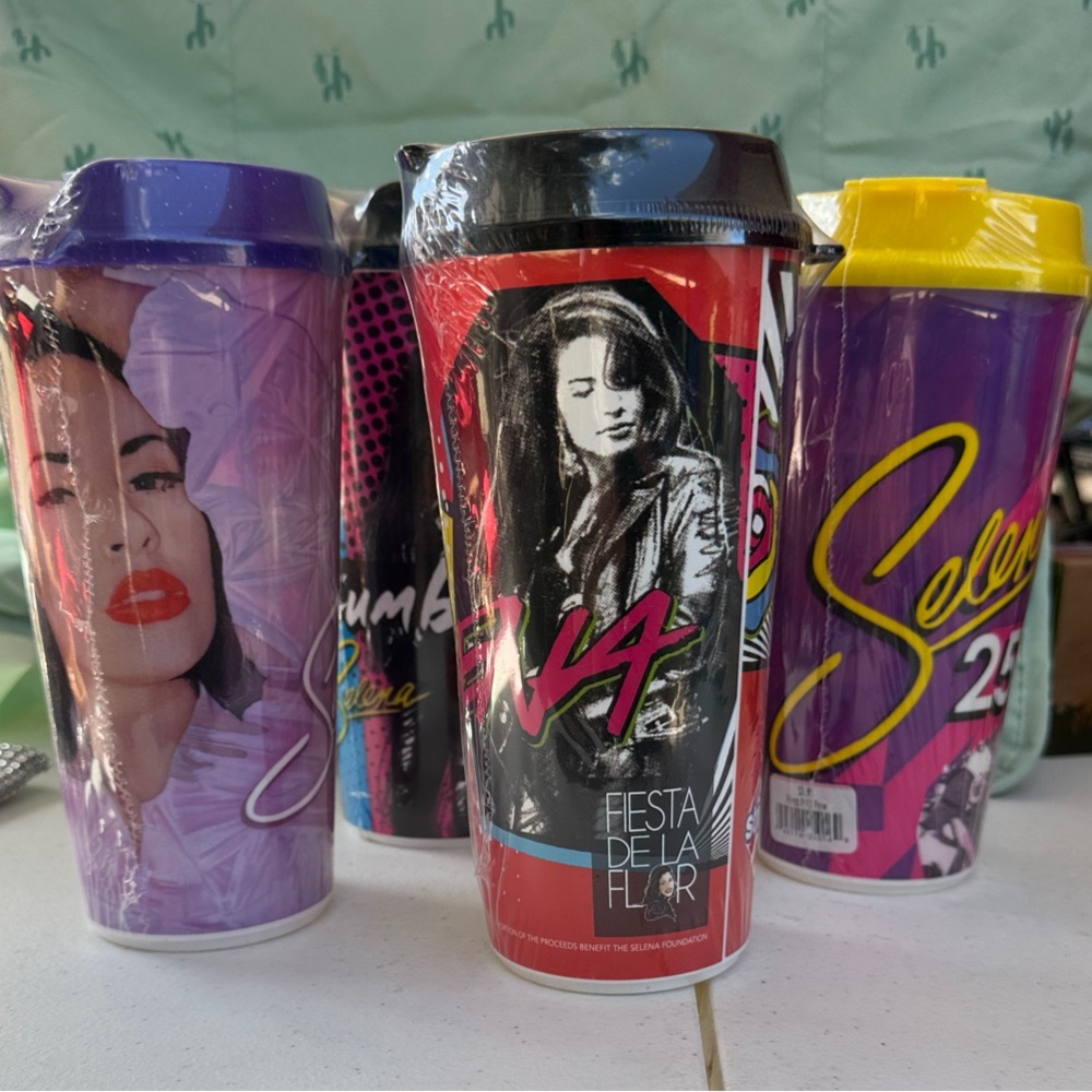 4 Selena Graphic Tumblers Set — Purple, Black, & Yellow lid.